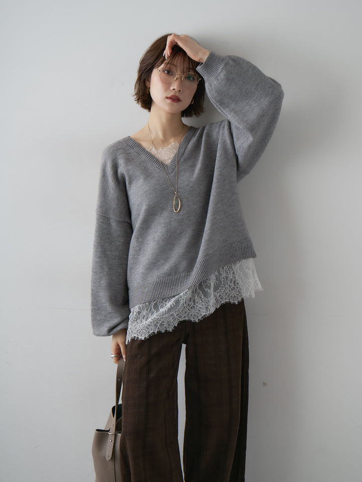 [SET]アルパカタッチレースドッキングVネックニットトップス+選べるアクセセット(2set)