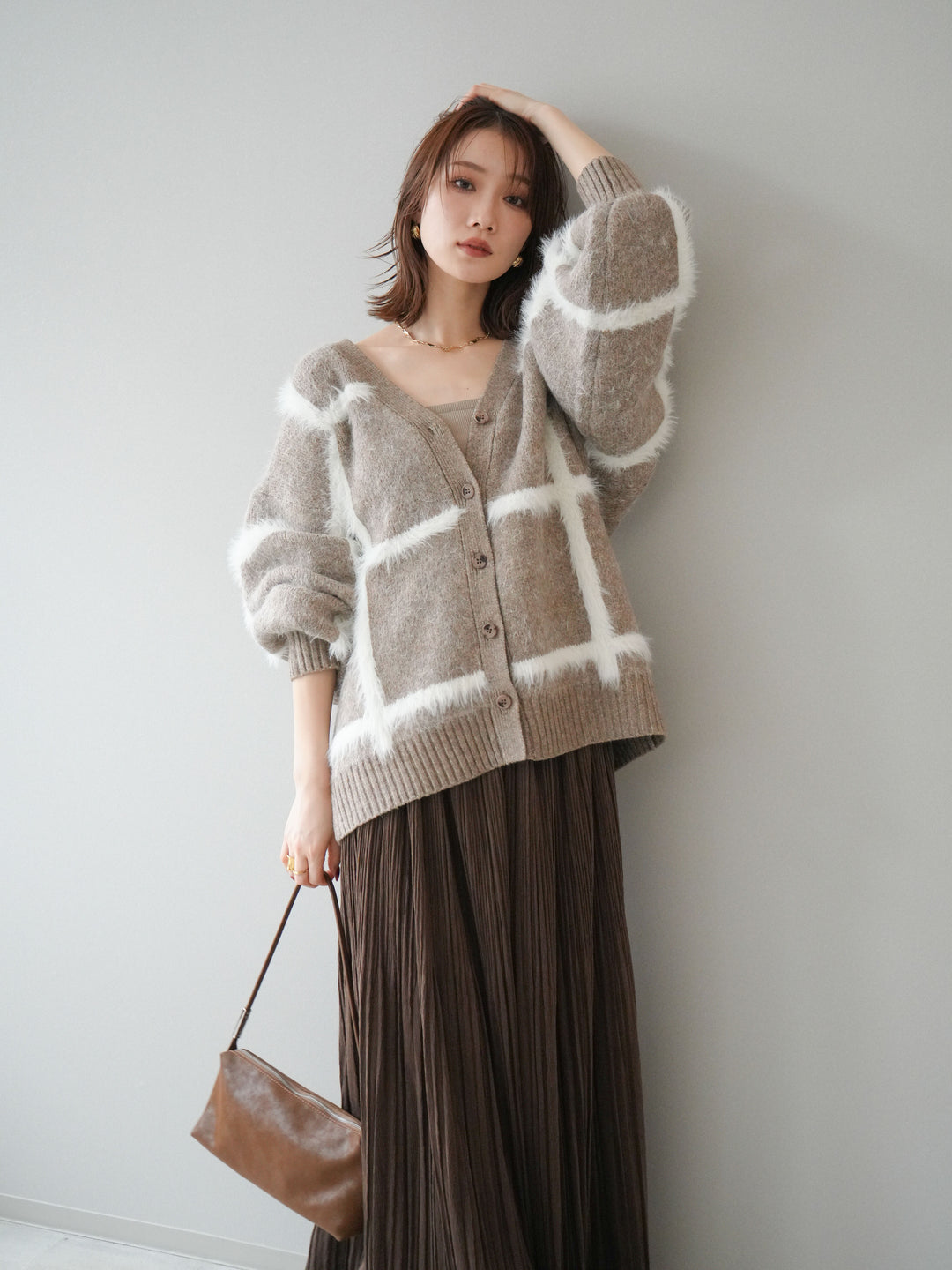[予約]ミックスシャギーチェックカーディガン/beige