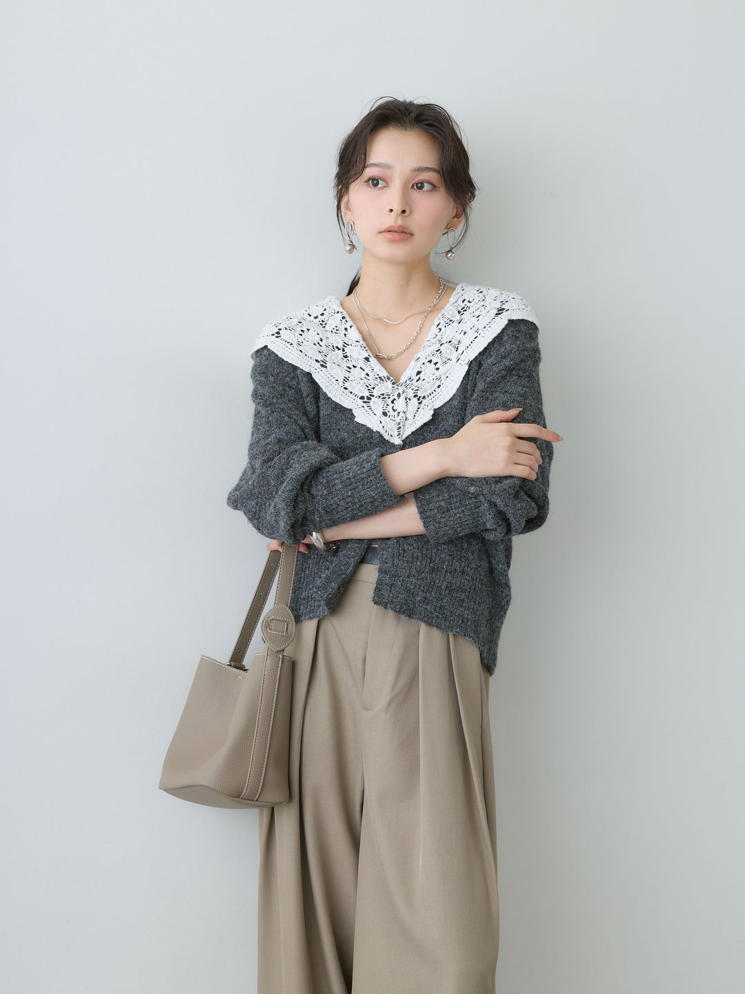 [SET]モヘアレースショールカラーカーディガン+ツイルタックワイドパンツ(2set)
