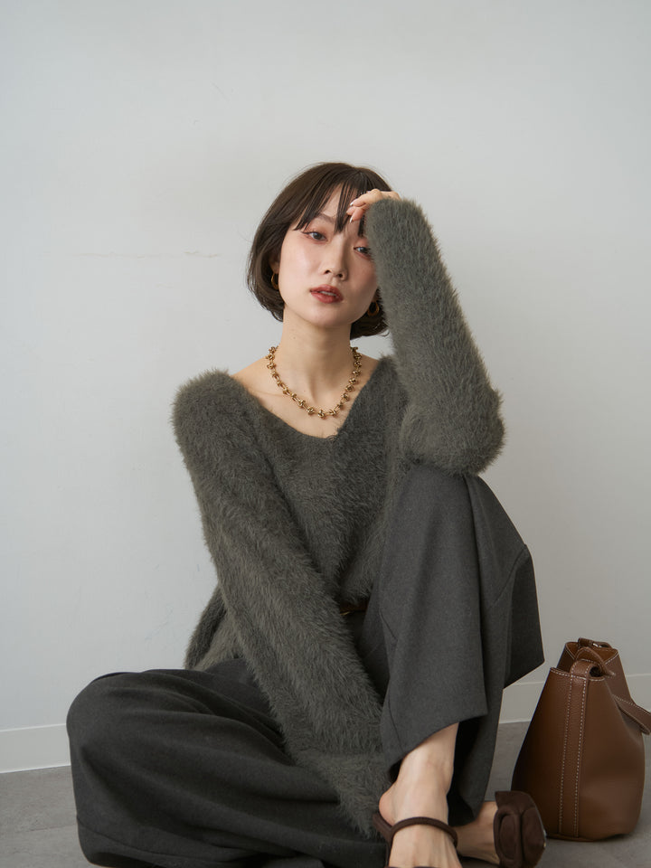 [SET]シャギーVネックニットトップス+ダブルタックドレープストレートワイドパンツ(2set)