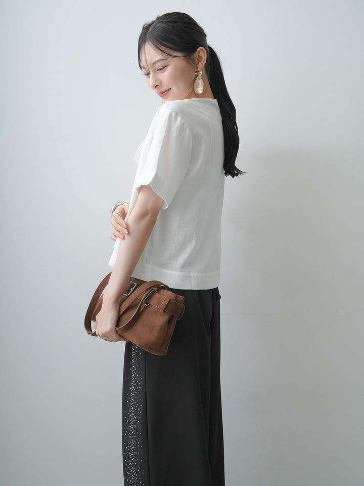 [SET]シアーノーカラーシャツ＆ニットキャミソールSET(2SET)+ポーチベルト付サイドビジュータックワイドパンツ(2set)