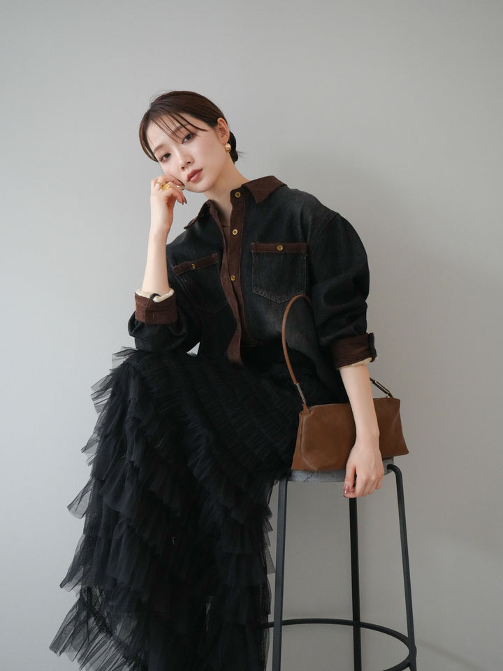 [予約]裏起毛コーデュロイ襟デニムシャツジャケット/black