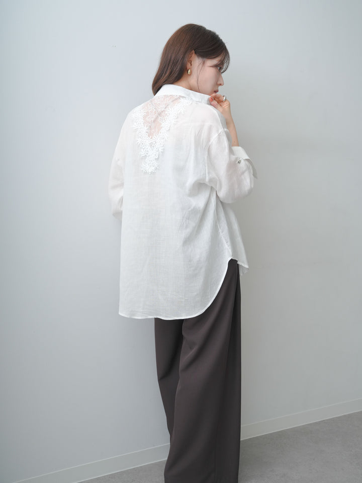 [SET]バックレースノーカラーシャツ+カップ付きバッククロスキャミソール+ベルトループデザインワイドパンツ(3set)