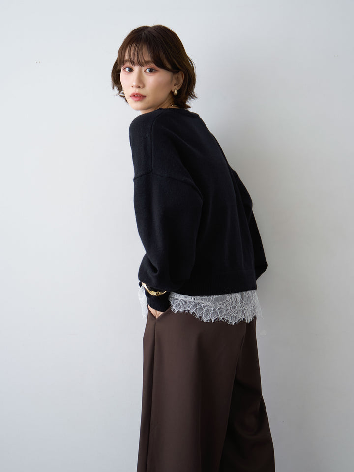 [予約]アルパカタッチレースドッキングVネックニットトップス/black