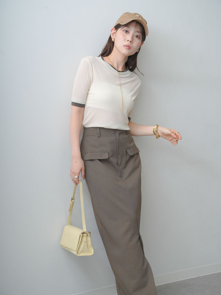 [SET]トリムレイヤードシアー半袖トップス+クレープデシンフラップ付きストレートスカート(2set)