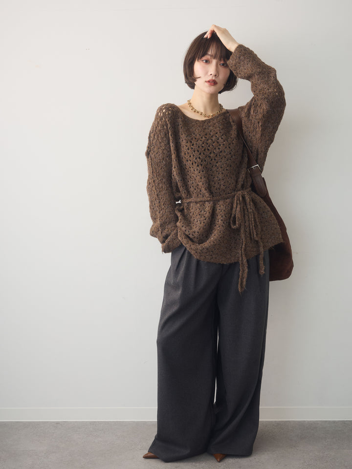[SET]ニットベルト付ポップコーンプルオーバー+ダブルタックドレープストレートワイドパンツ(2set)