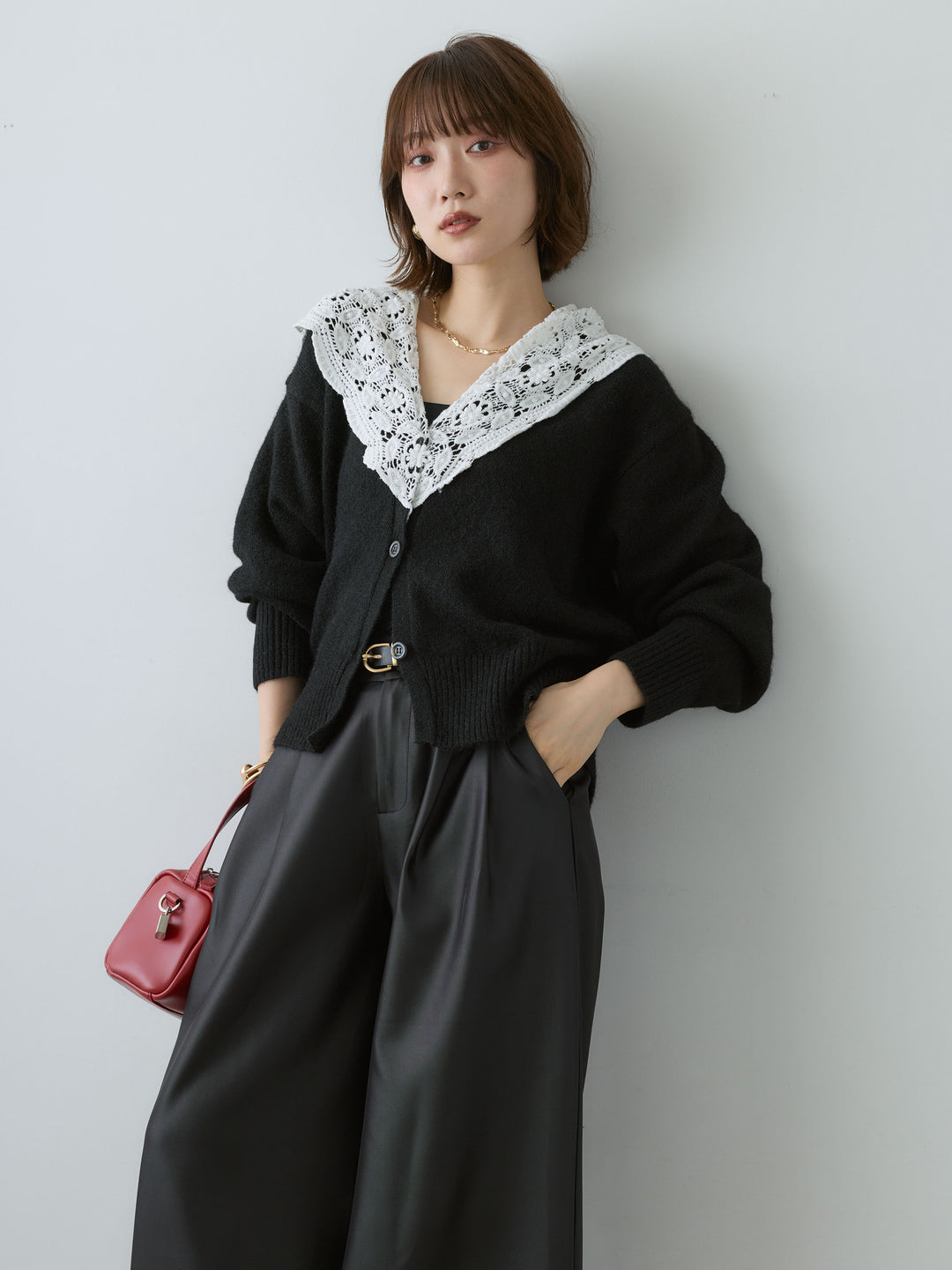 [SET]モヘアレースショールカラーカーディガン+サテンタックワイドパンツ(2set)