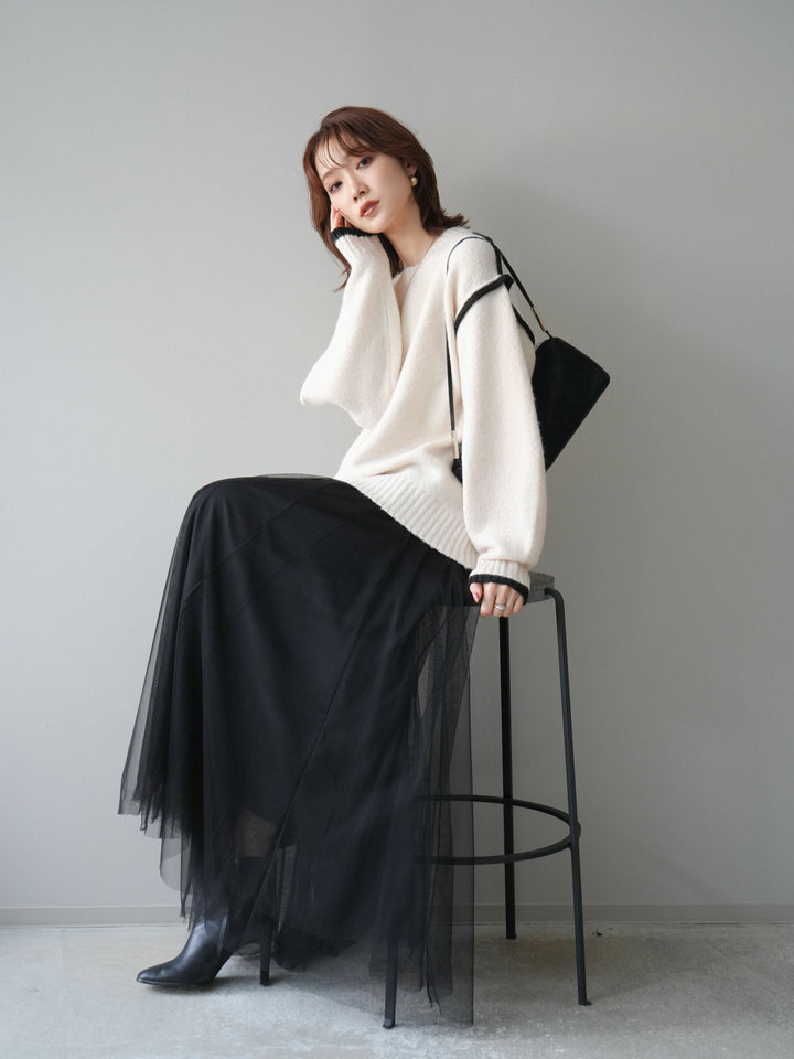 [予約]バイカラーパイピングニットプルオーバー/ivory