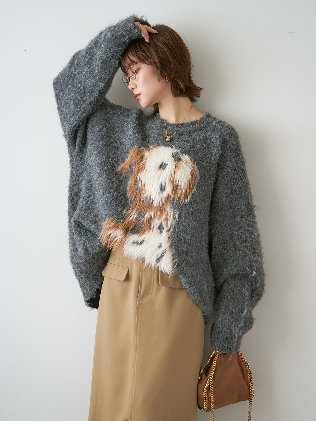 [予約]シャギードッグモチーフニットトップス/gray