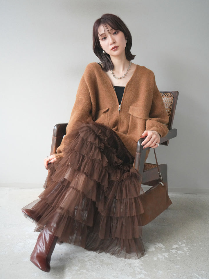 [預訂] 大口袋拉鍊針織開襟衫/駝色