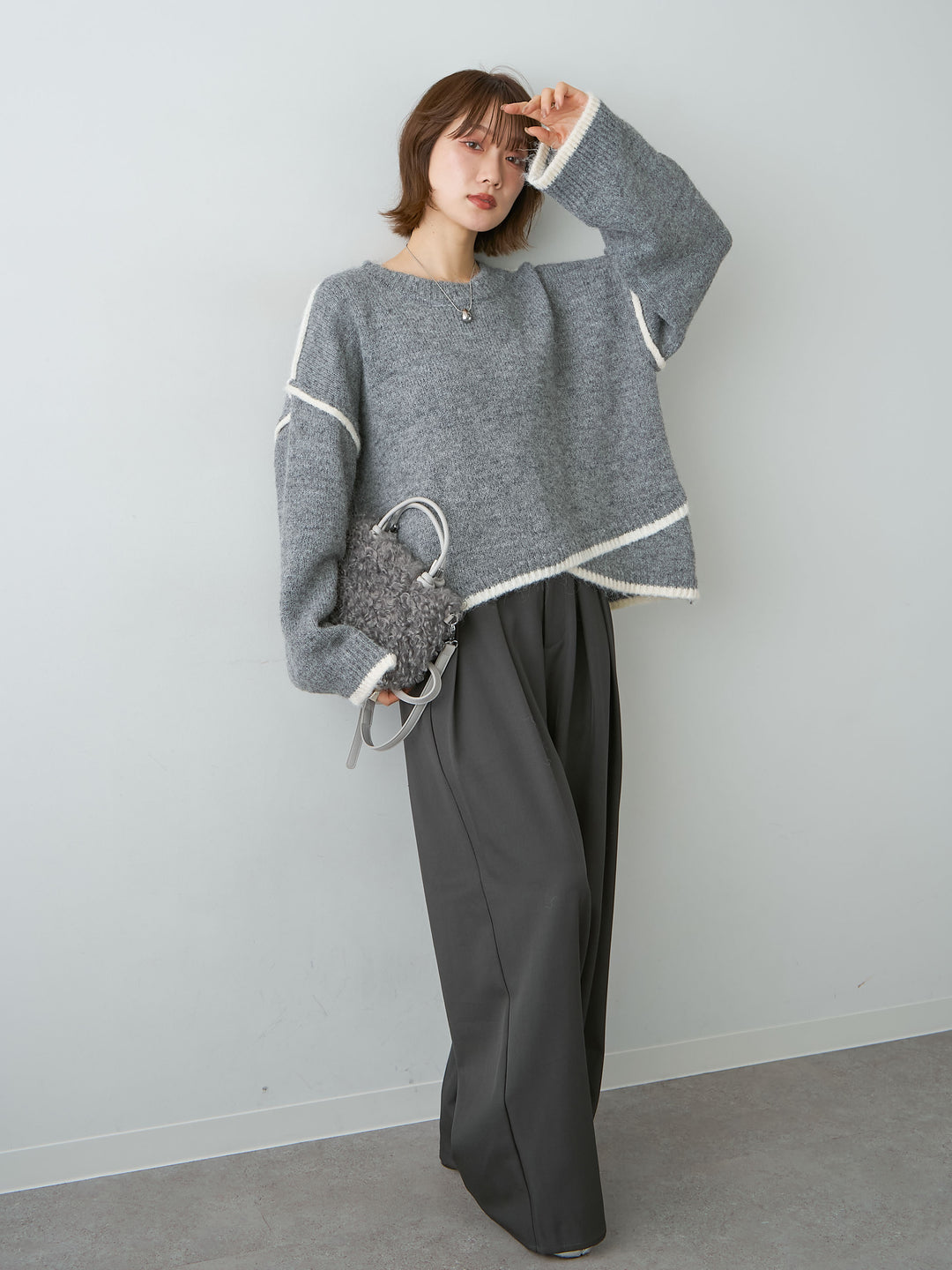 [SET]配色ラインデザインヘムニットプルオーバー+ツイルタックワイドパンツ(2set)