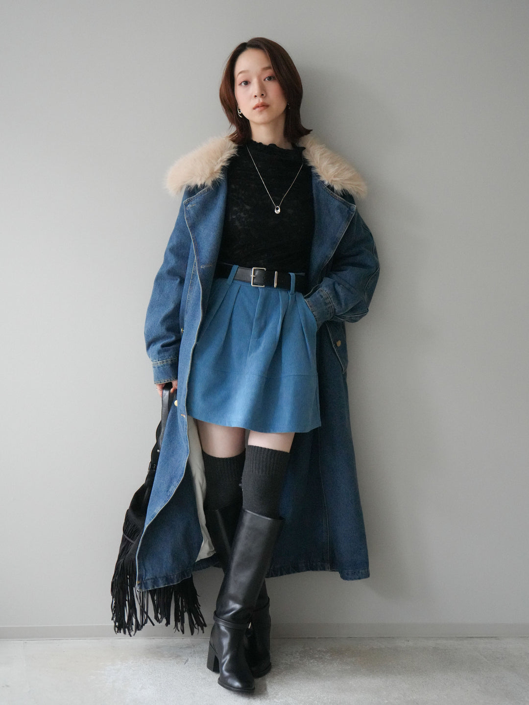 [予約]ベルト付インパンコーデュロイタックフレアスカート/blue