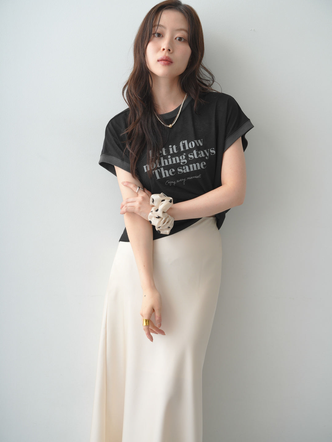 [SET]シアースラブバイカラーフレンチTEE+レースヘムサテンIラインスカート(2set)