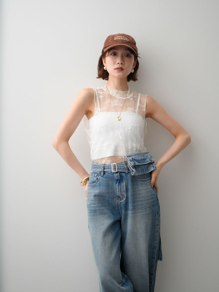 [SET]シースルーストレッチレースノースリトップス+デニムポーチ付ニータックワイドデニムパンツ(2set)