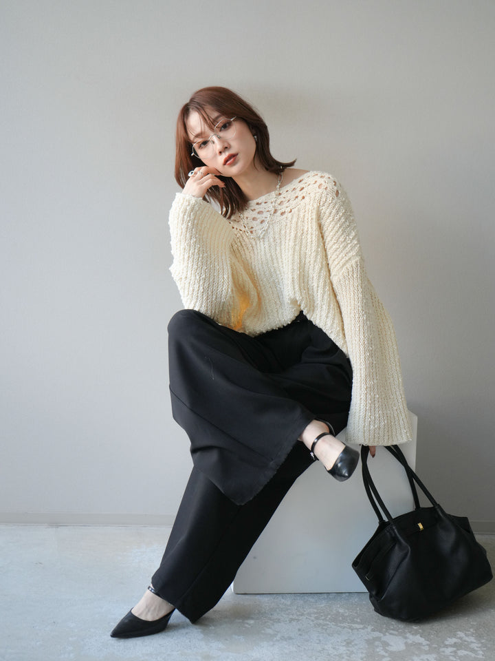 [予約]ボートネック透かし編みニットプルオーバー/white