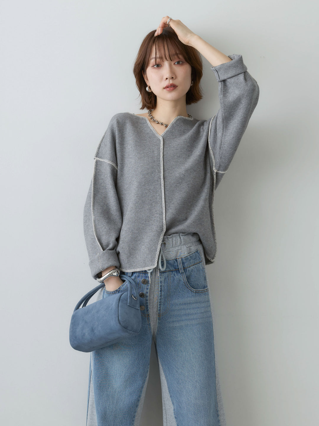 [SET]バイカラーステッチVネックニットトップス+デニム切替スウェットパンツ(2set)