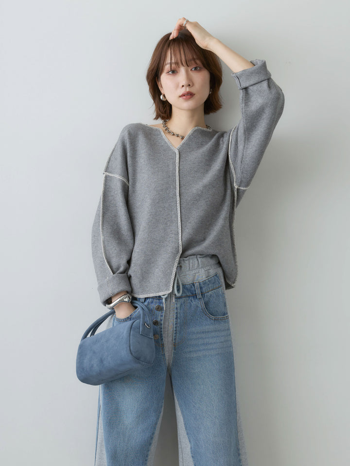 [SET]バイカラーステッチVネックニットトップス+デニム切替スウェットパンツ(2set)