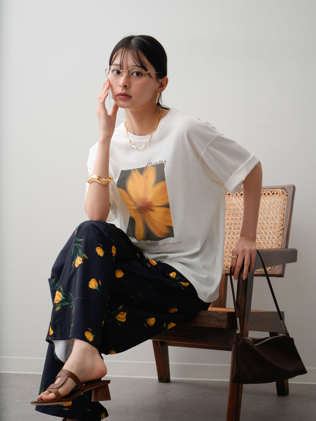 [SET]フラワーフォトTEE+フラワープリントドレープタックパンツ(2set)