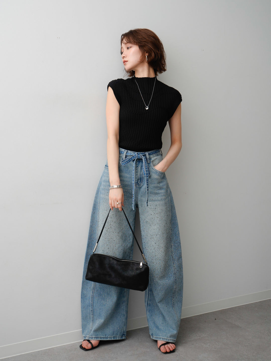[予約]モードラインリブフレンチニットトップス/black