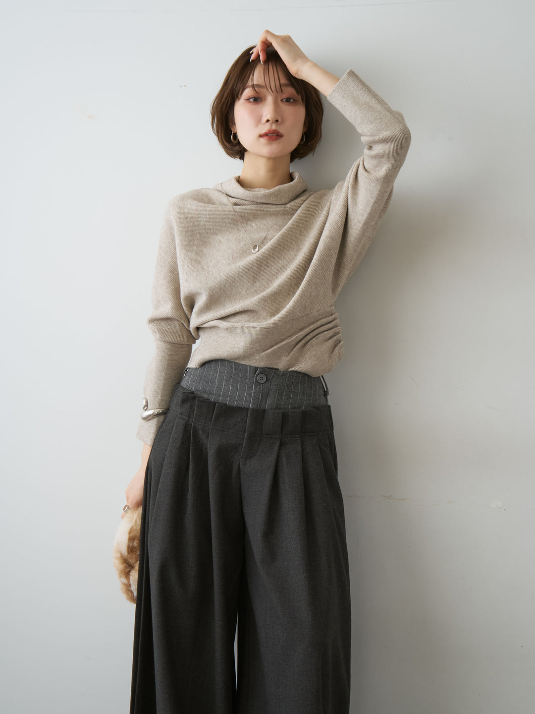 [SET]ハイネックサイドボタンギャザーニットトップス+ウエストデザインドロストワイドパンツ(2set)