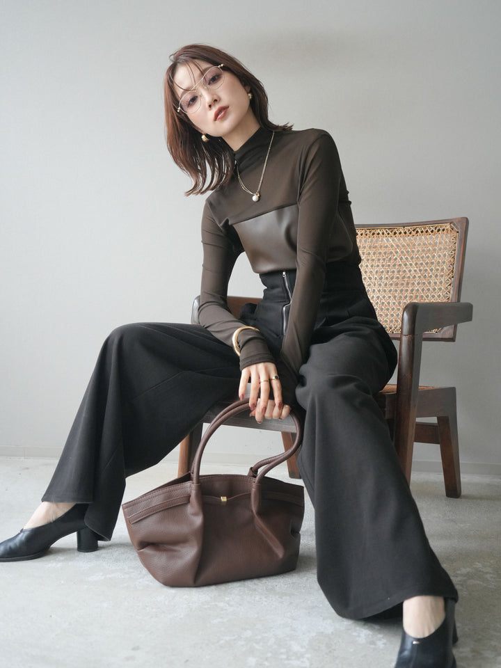 [予約]レザー切替プチネックシアートップス/khaki