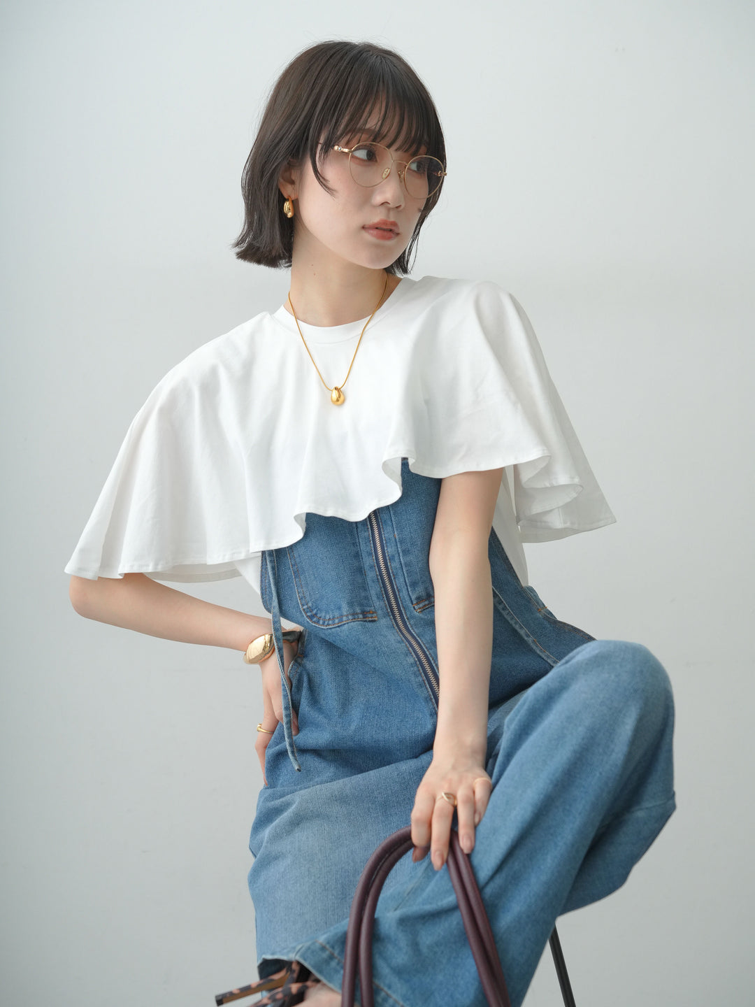 [SET]前後2wayケープTEE+フロントジップデニムサロペット(2set)