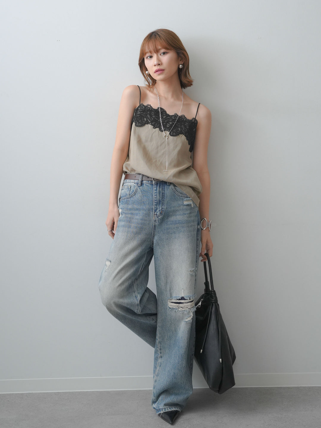 [SET]フラワーコードレースキャミソール+ダメージデニムセミワイドパンツ(2set)