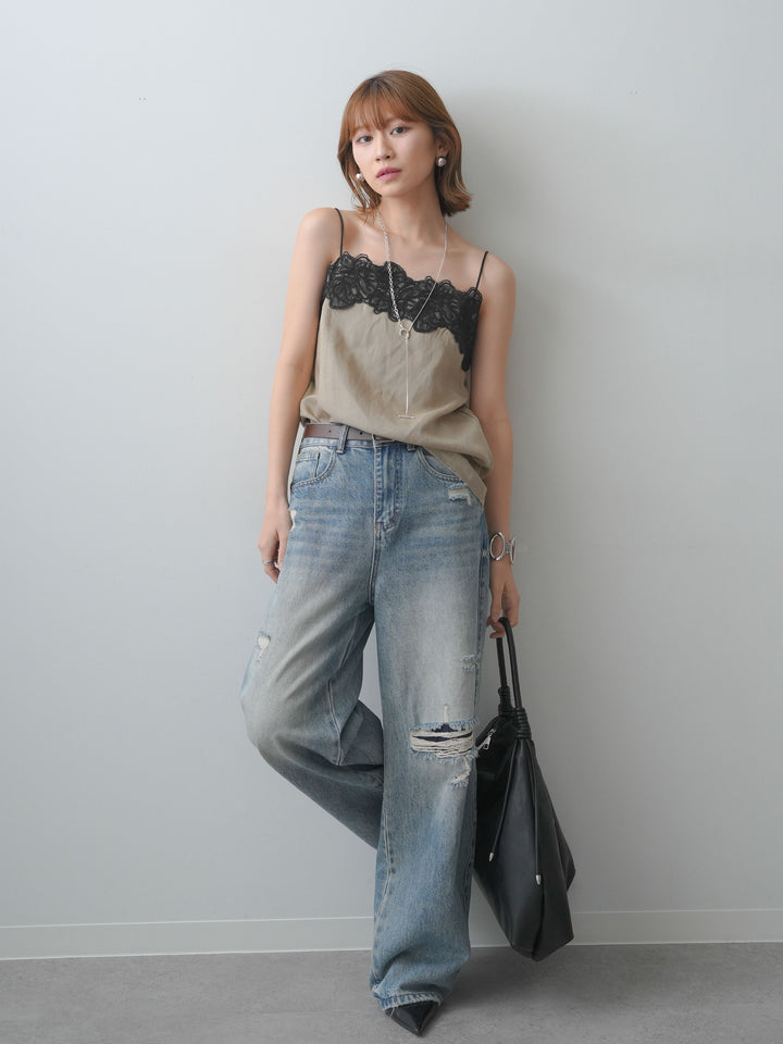 [SET]フラワーコードレースキャミソール+ダメージデニムセミワイドパンツ(2set)