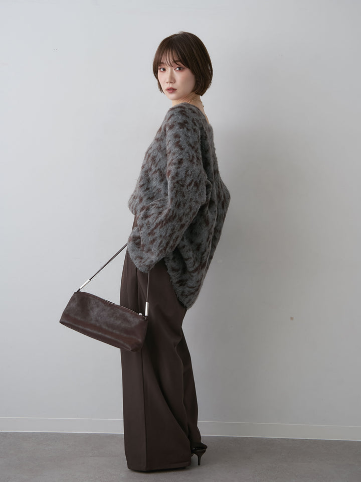 [SET]レオパードVネックシャギーニットトップス+ツイルタックワイドパンツ(2set)