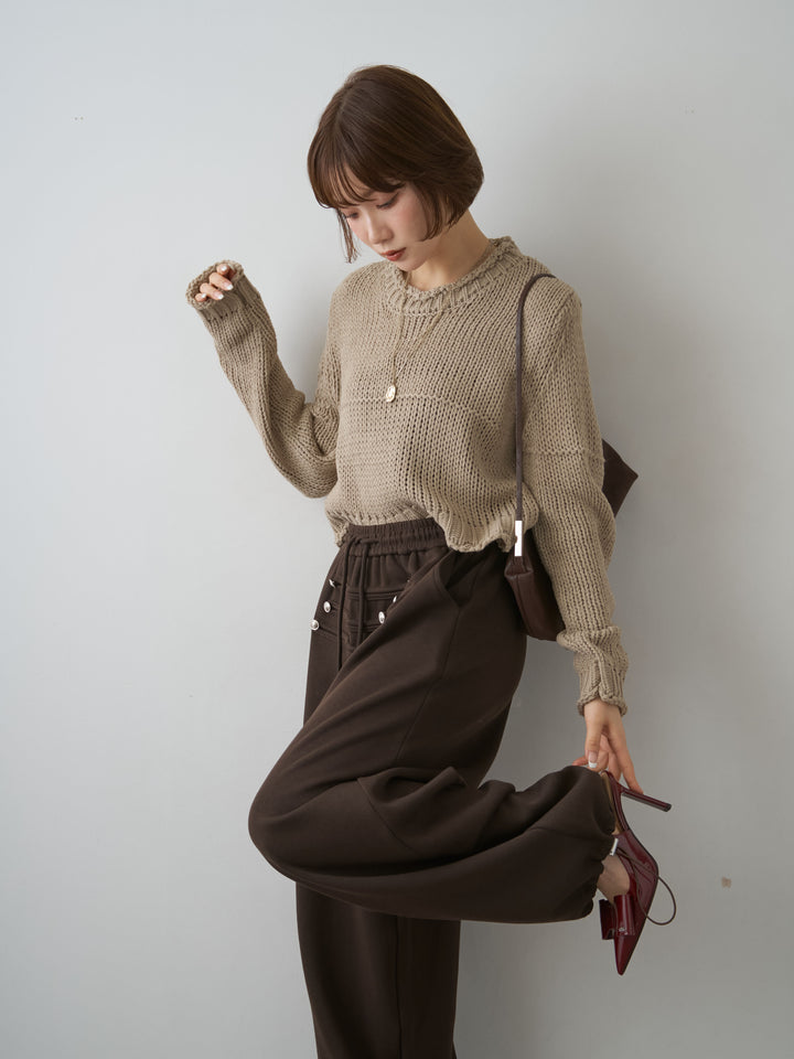 [SET]シームデザインクロップニットトップス+ナポレオンドロストスウェットパンツ(2set)