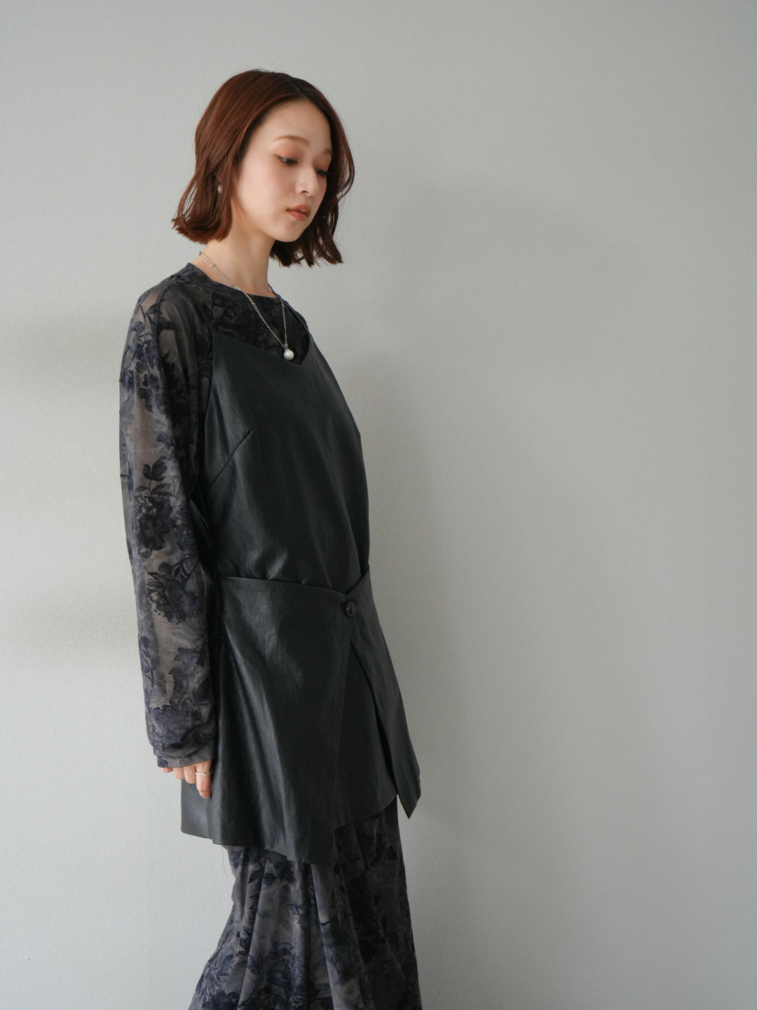 [予約]レイヤードレザーキャミソールチュニック/ブラック
