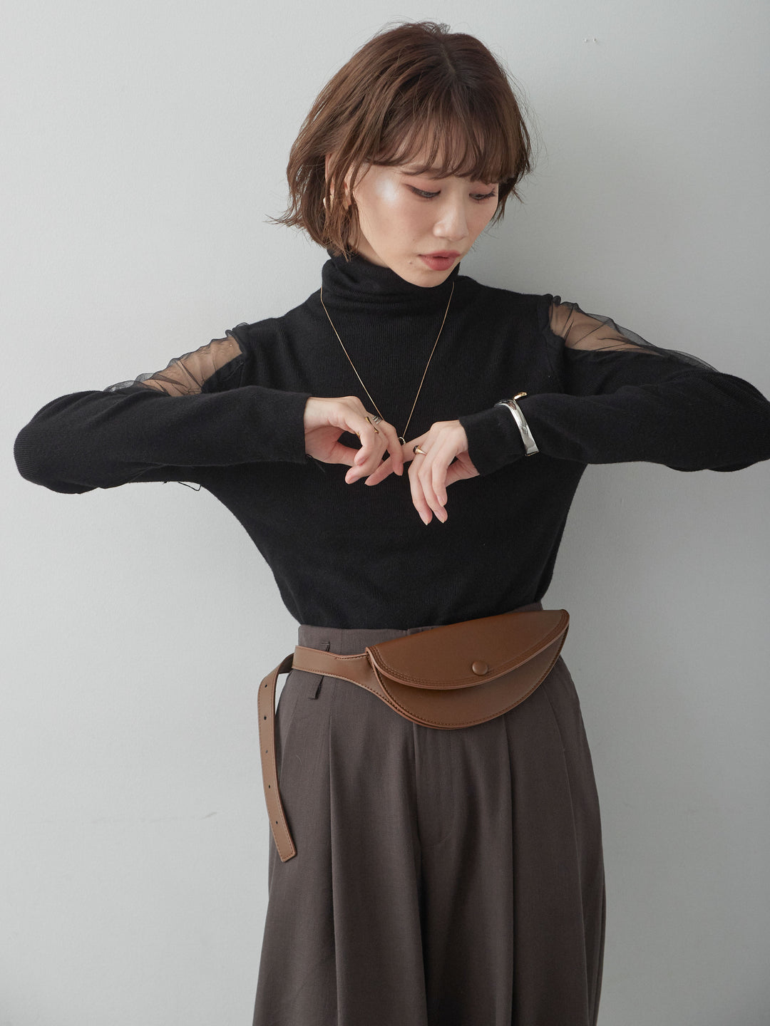 [SET]ショルダーチュールハイネックニットトップス+ツータックドレープストレートパンツ(2set)