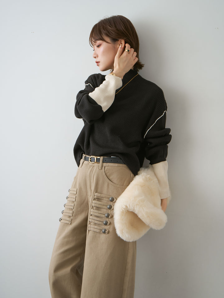 [予約]バイカラーモックネックリブニットトップス/black