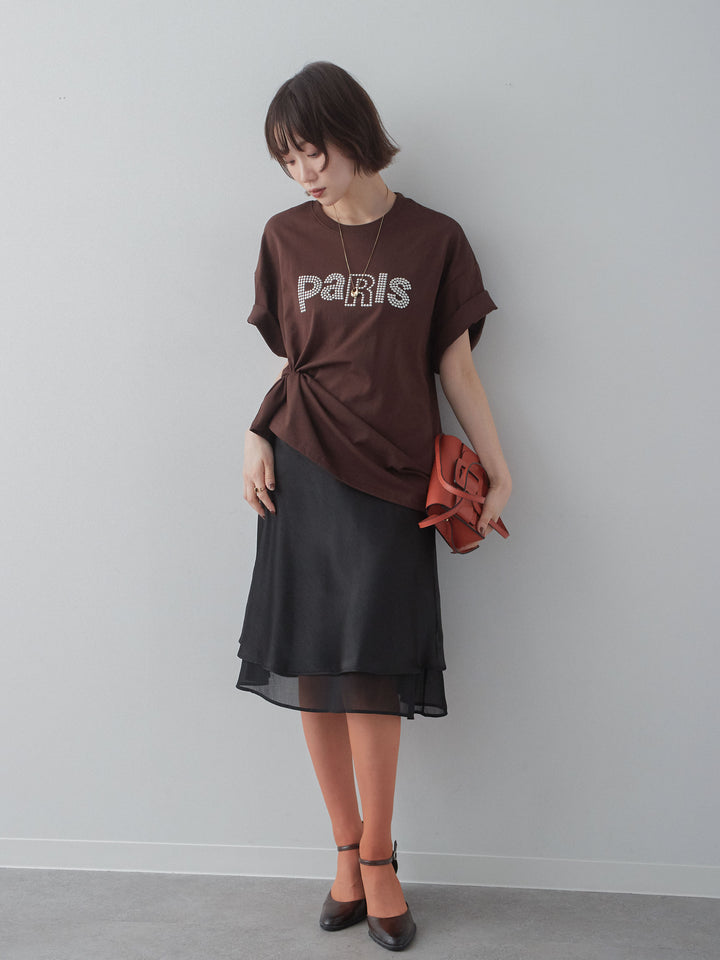 [SET]スタッズロゴTEE+サテンシフォンレイヤードスカート(2set)