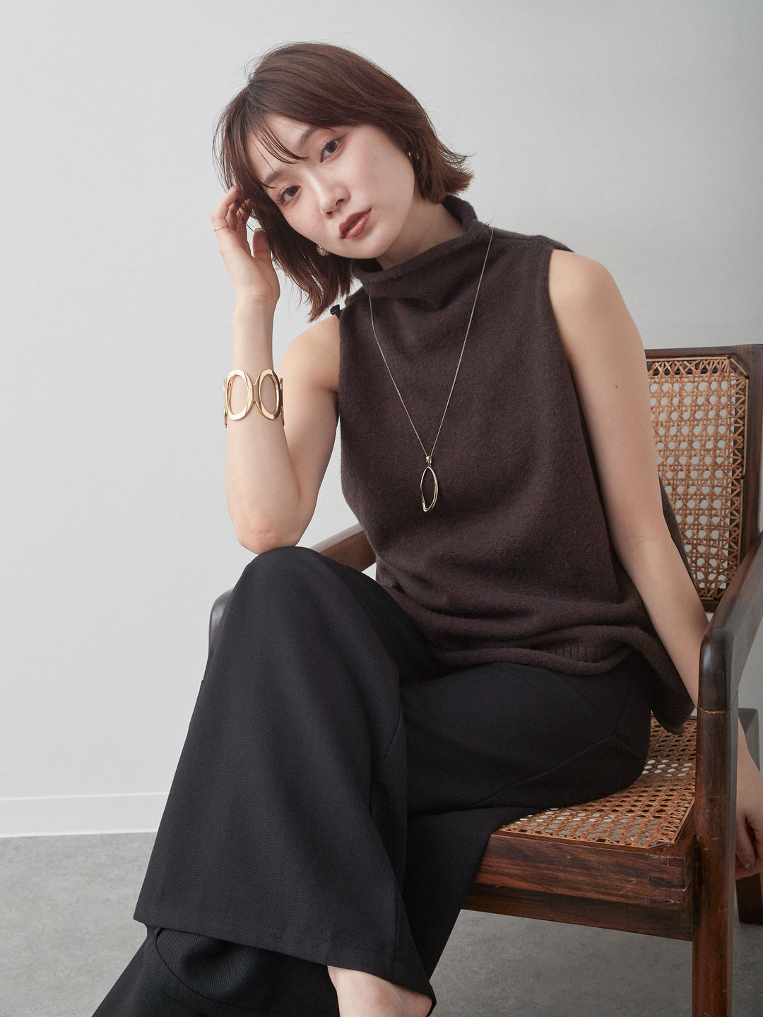 [予約]ハイネックアメスリワイドニットベスト/brown