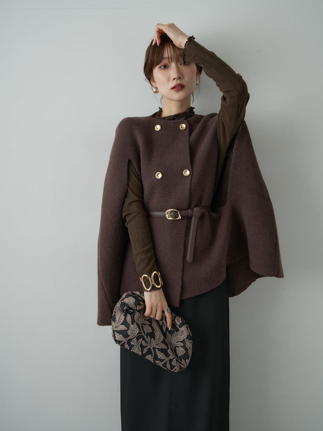 [予約]ゴールドボタンニットケープコート/brown