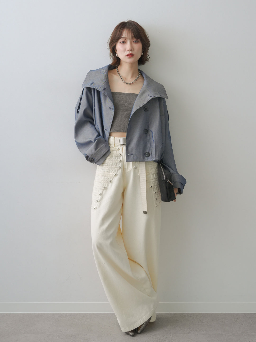 [SET]コクーンショートトレンチ+ダブルストラップカップ付キャミソール+ナポレオンワイドストレートパンツ(3set)