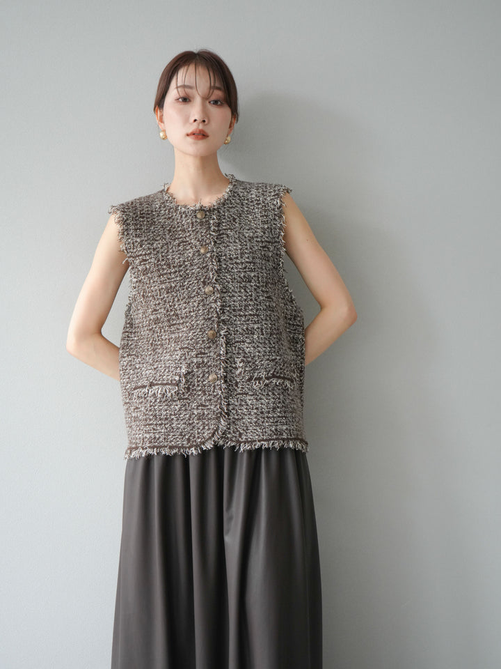 [予約]ミックスツイードフリンジニットベスト/ブラウン