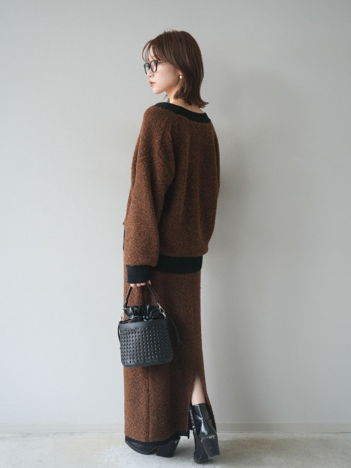 [SET]ブークレバイカラーニットカーディガン+ブークレバイカラータイトニットスカート(2set)