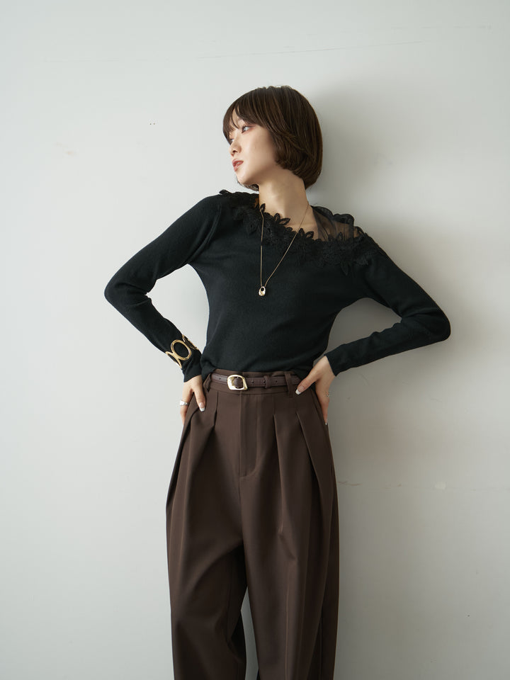 [予約]ショルダーレースアシメスリムニットトップス/black