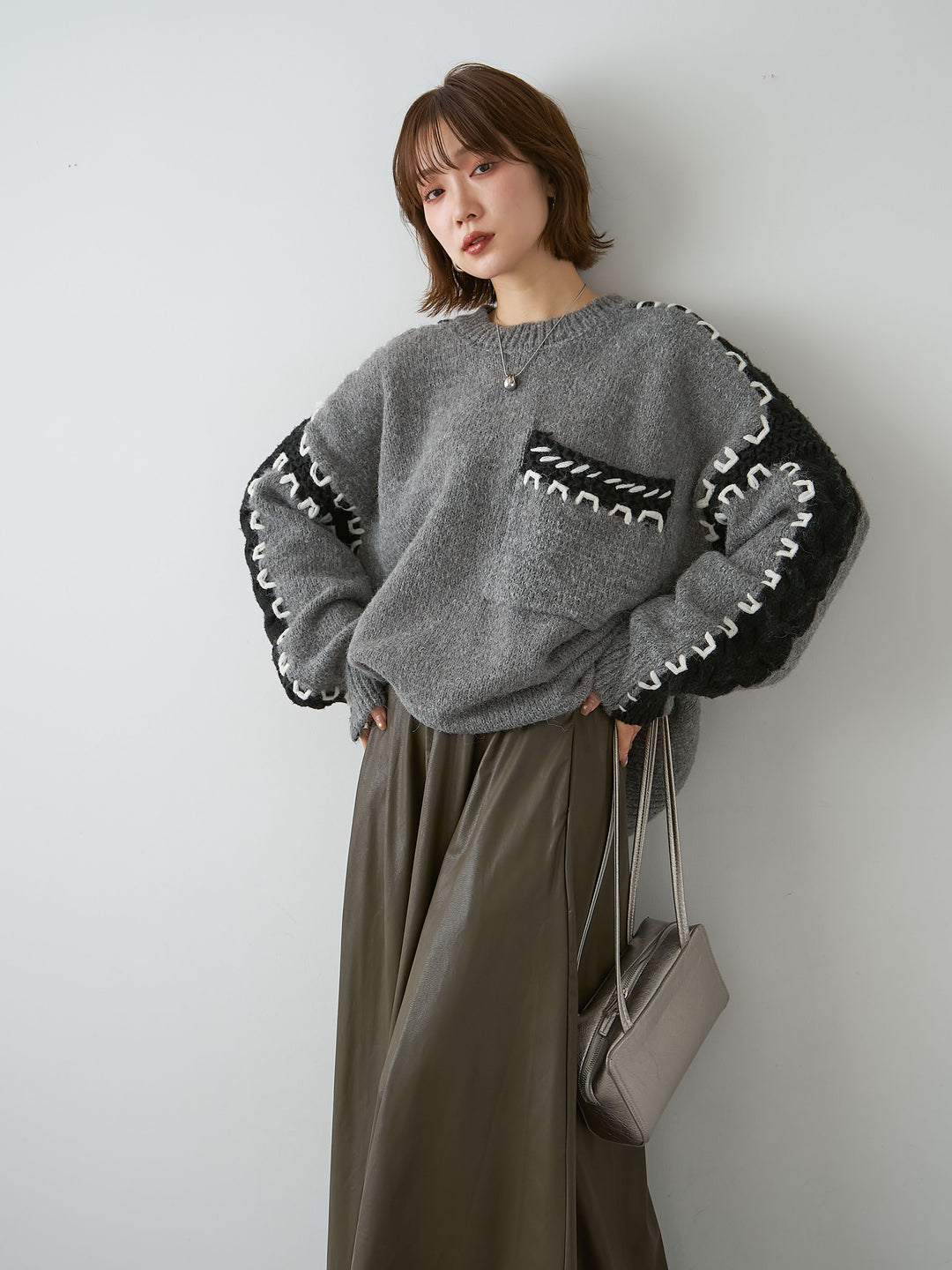 [SET]ハンドステッチデザインニットトップス+選べるアクセセット(2set)