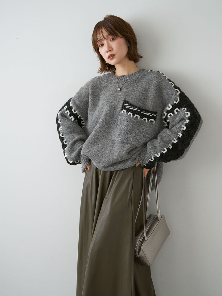 [SET]ハンドステッチデザインニットトップス+選べるアクセセット(2set)