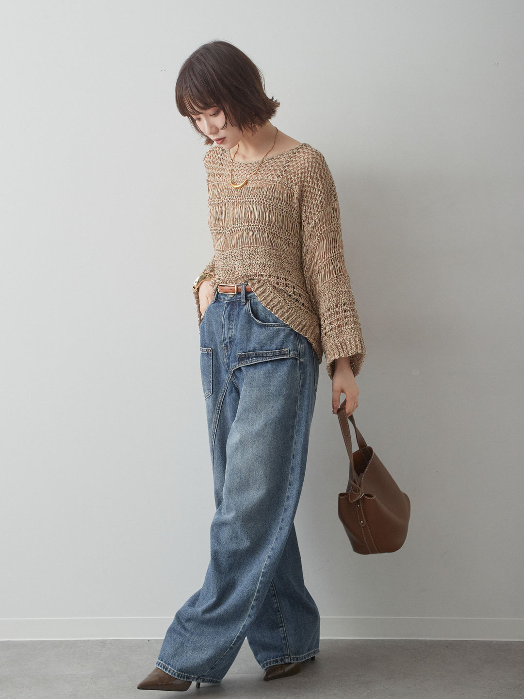 [SET]ミックスメッシュプルオーバー+アシンメトリーポケットワイドデニム(2set)