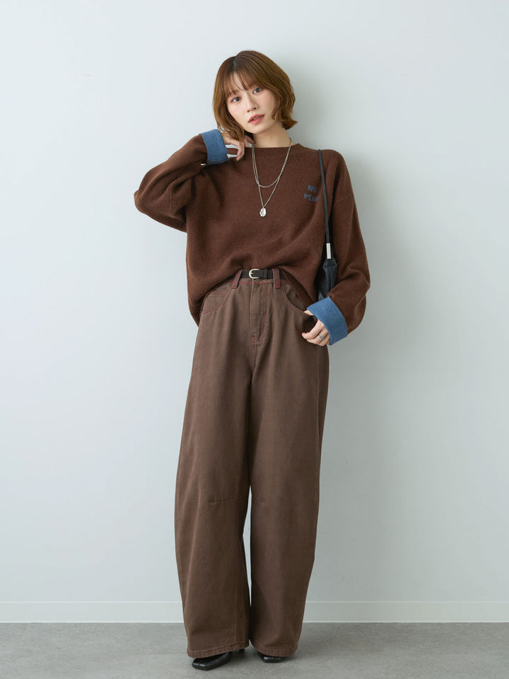 [SET]アルパカタッチバイカラーニットトップス+カラーステッチワイドパンツ(2set)