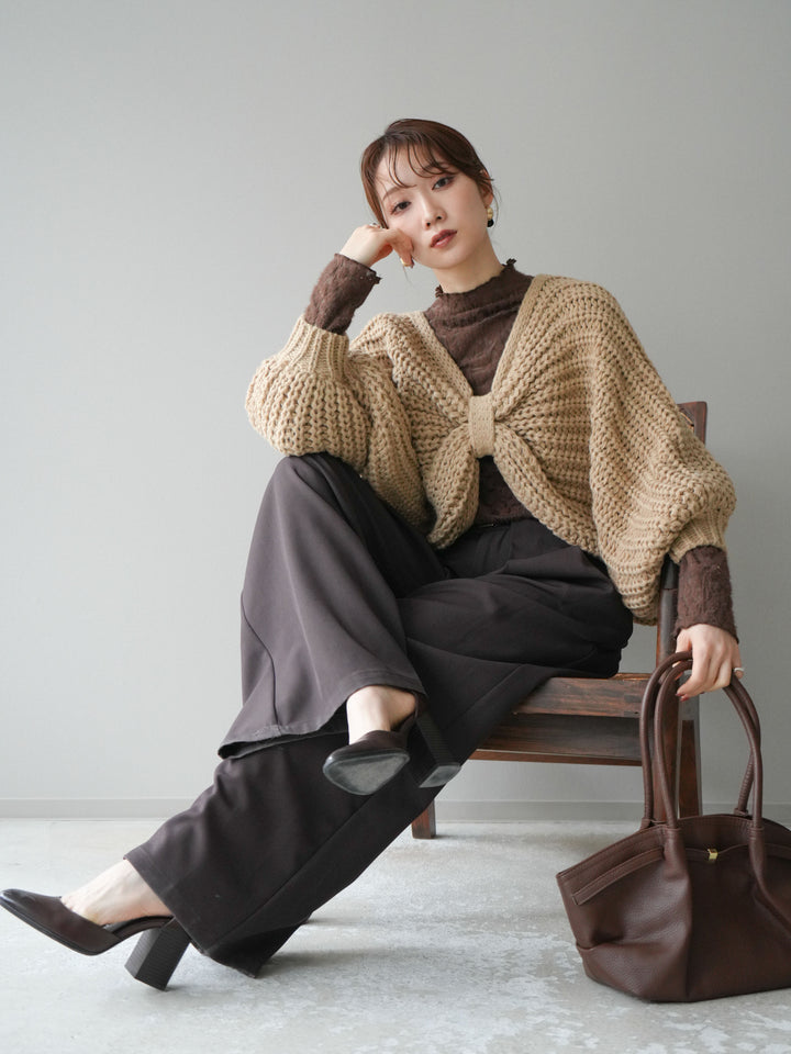 [SET]ローゲージ畦編みドルマンニットボレロ+起毛レースプチネックトップス+ベルトループデザインワイドパンツM(3set)