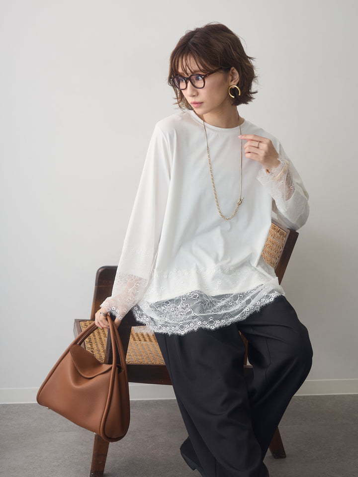 [SET]レーストリムロングTシャツ+レーストリムロングTシャツ(2set)