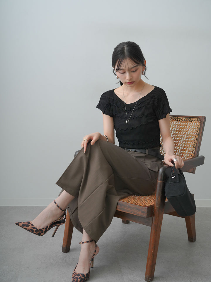 [SET]ランダムメローリブニットトップス+クレープデシンフラップ付きストレートスカート(2set)