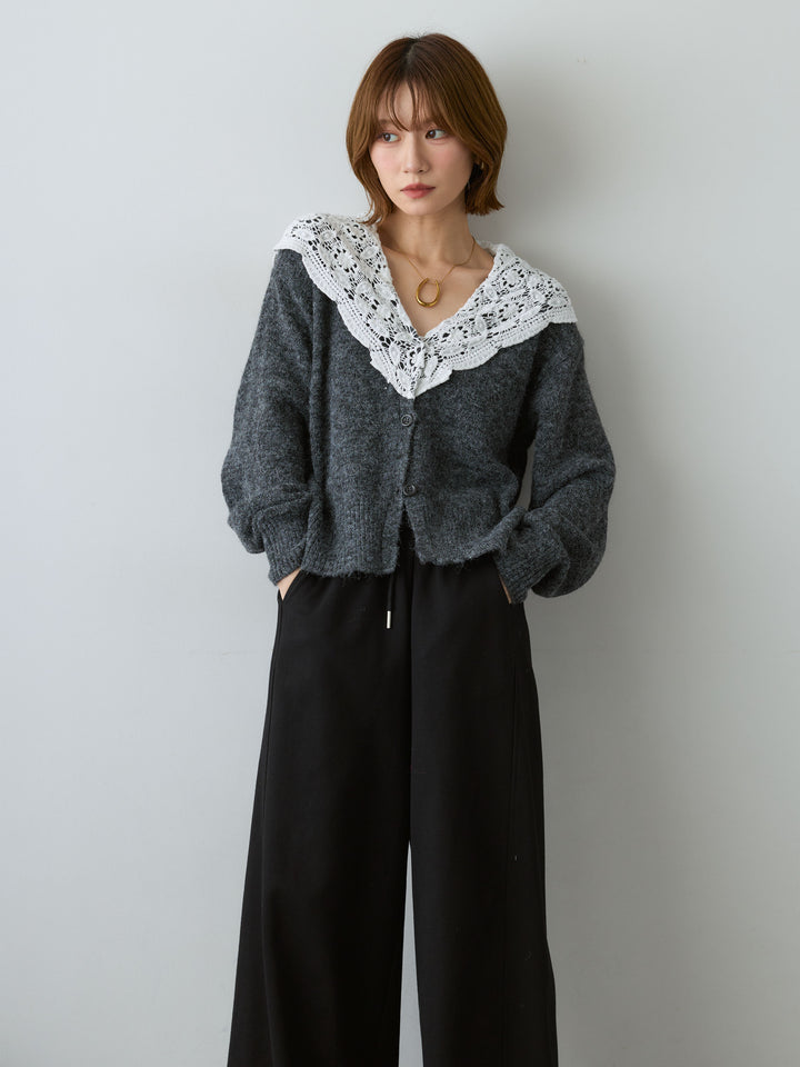 [SET]モヘアレースショールカラーカーディガン+カットオフスウェットワイドパンツ(2set)