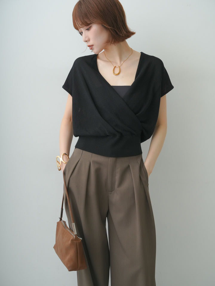 [SET]カシュクールフレンチニットトップス+クレープデシンタックワイドパンツ(2set)