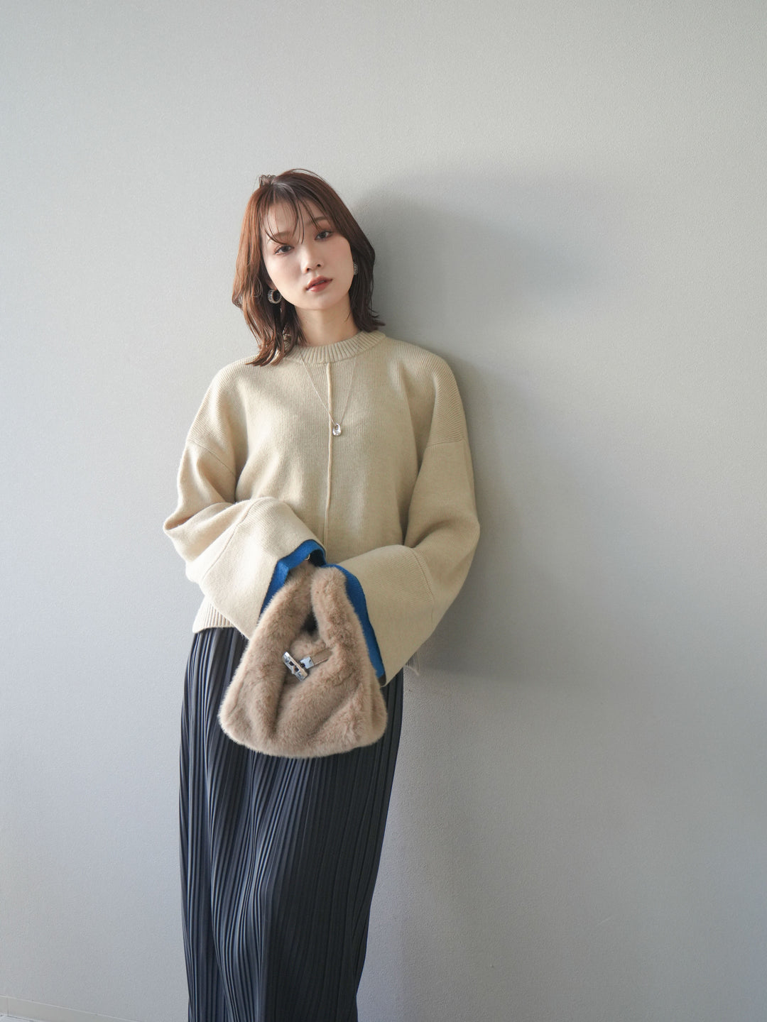 [SET]袖レイヤード配色ニットプルオーバー+プリーツIラインスカート(2set)